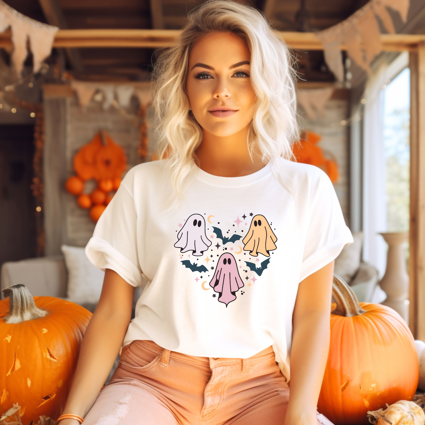 Tricou de Halloween cu trei fantome dispuse astfel încât să creeze forma unei inimi.
