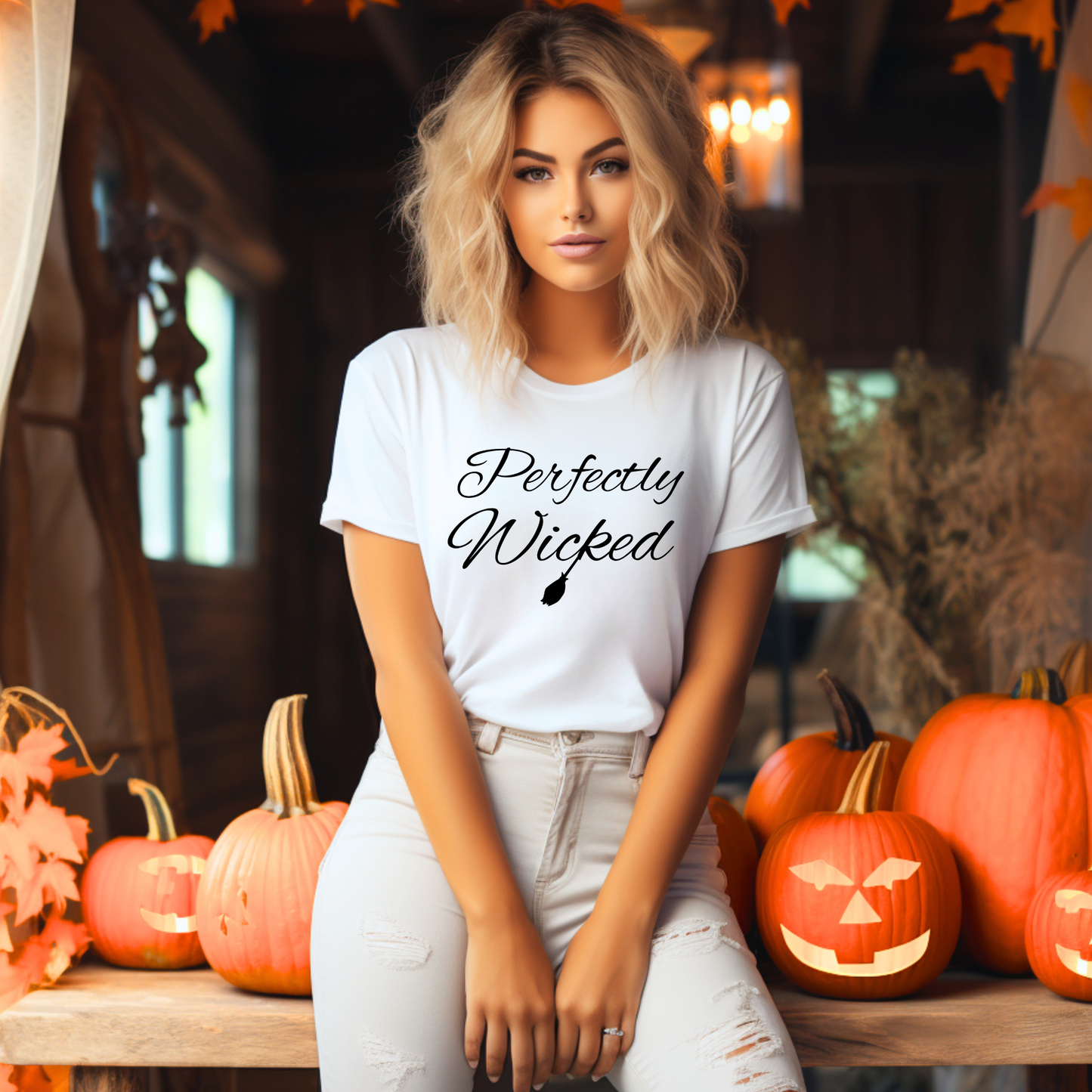 Tricou de Halloween cu textul 'Perfectly Wicked' imprimat pe el.