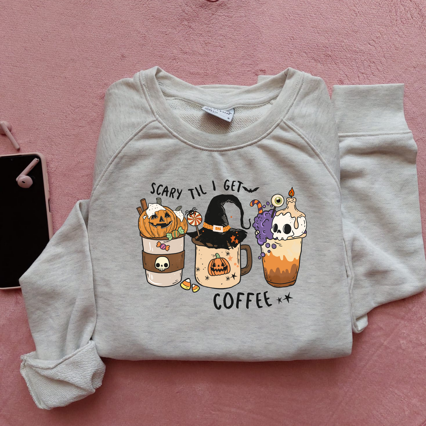 Bluza personalizata dama Halloween cu mesajul Scary Til I get Coffee