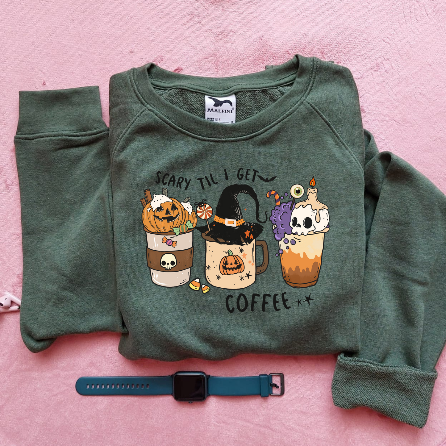 Bluza personalizata dama Halloween cu mesajul Scary Til I get Coffee