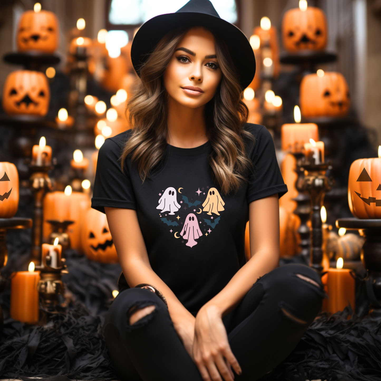 Tricou de Halloween cu trei fantome dispuse astfel încât să creeze forma unei inimi.