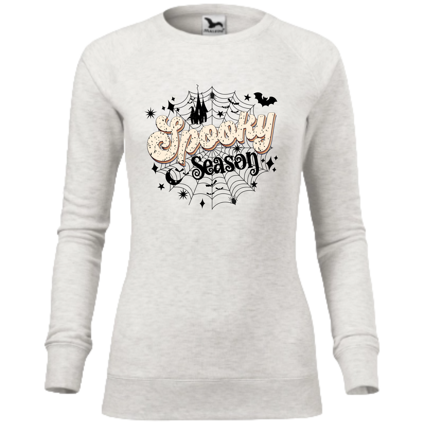 Bluza de Halloween cu inscripția 'Spooky Season', decorat cu o pânză de păianjen și lilieci zburători