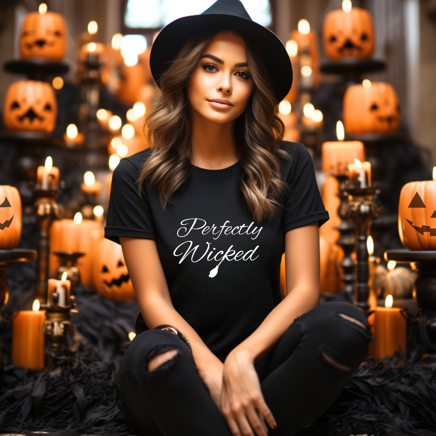 Tricou de Halloween cu textul 'Perfectly Wicked' imprimat pe el.