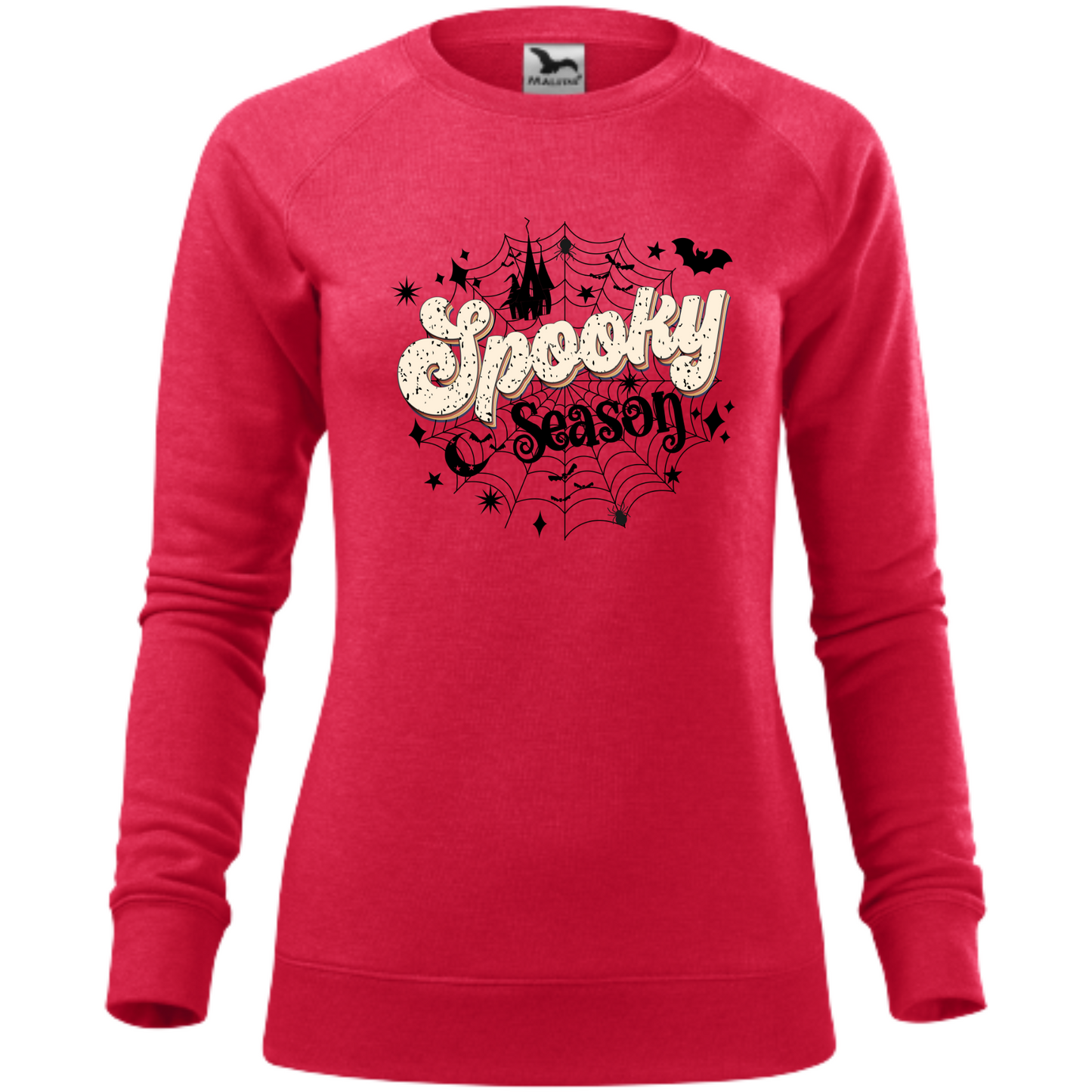 Bluza de Halloween cu inscripția 'Spooky Season', decorat cu o pânză de păianjen și lilieci zburători