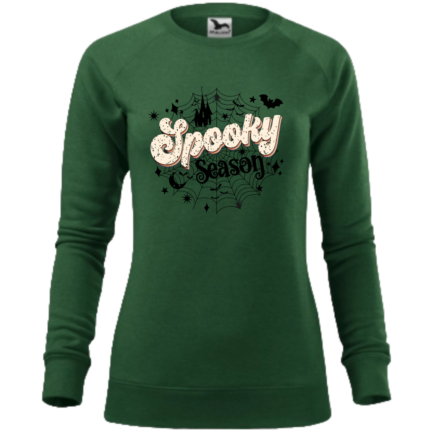Bluza de Halloween cu inscripția 'Spooky Season', decorat cu o pânză de păianjen și lilieci zburători
