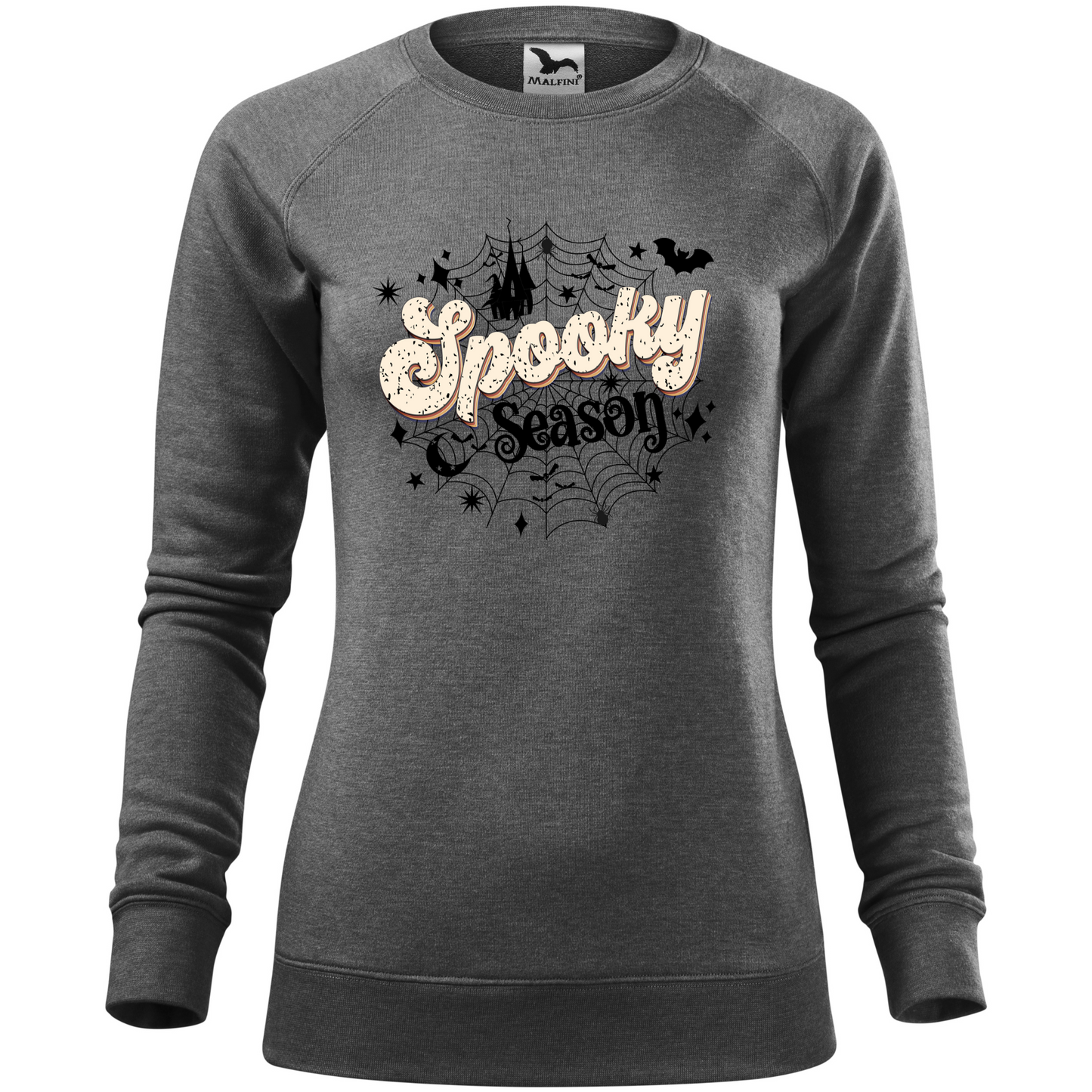 Bluza de Halloween cu inscripția 'Spooky Season', decorat cu o pânză de păianjen și lilieci zburători