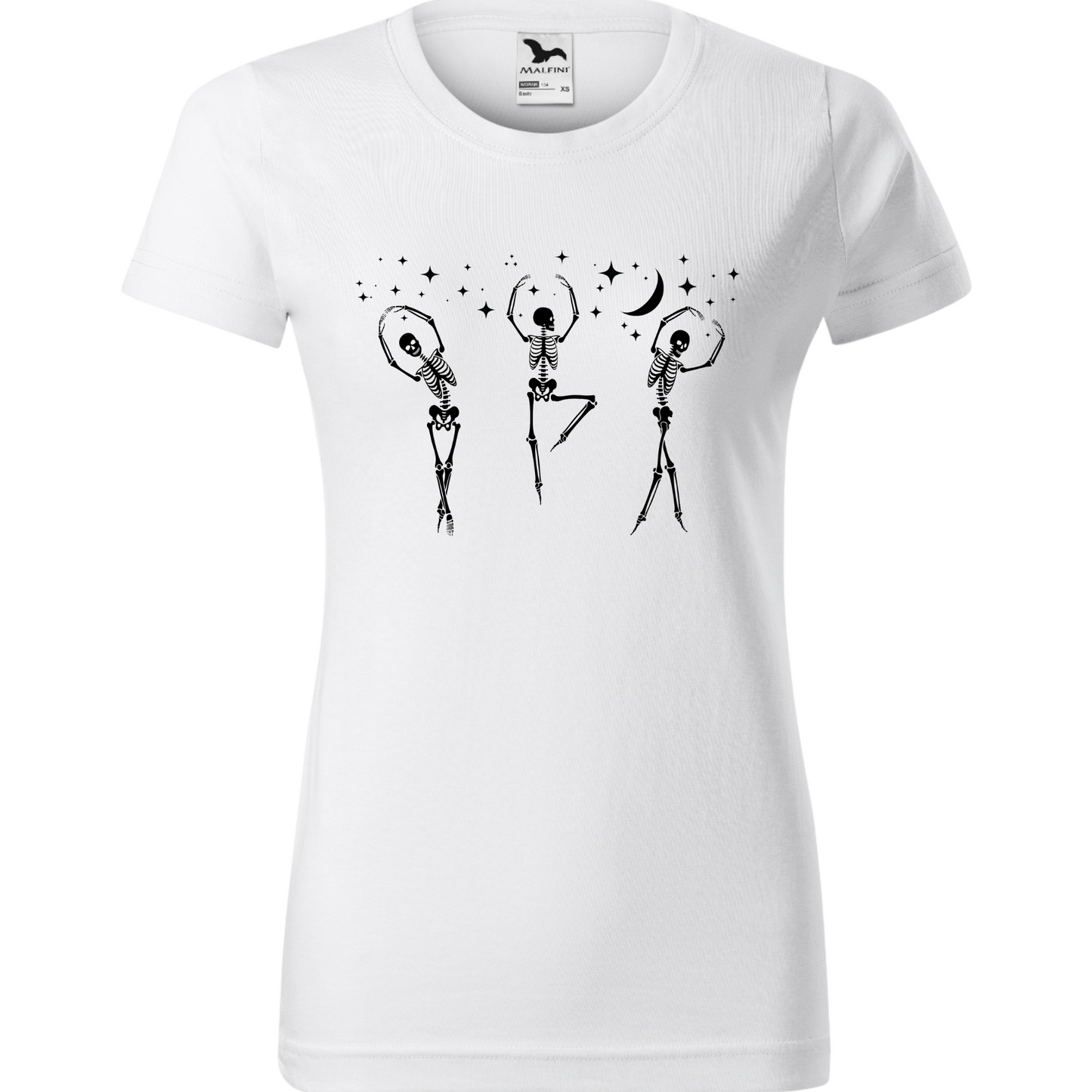Tricou de Halloween ilustrând mai mulți schelete în diverse poziții de dans.