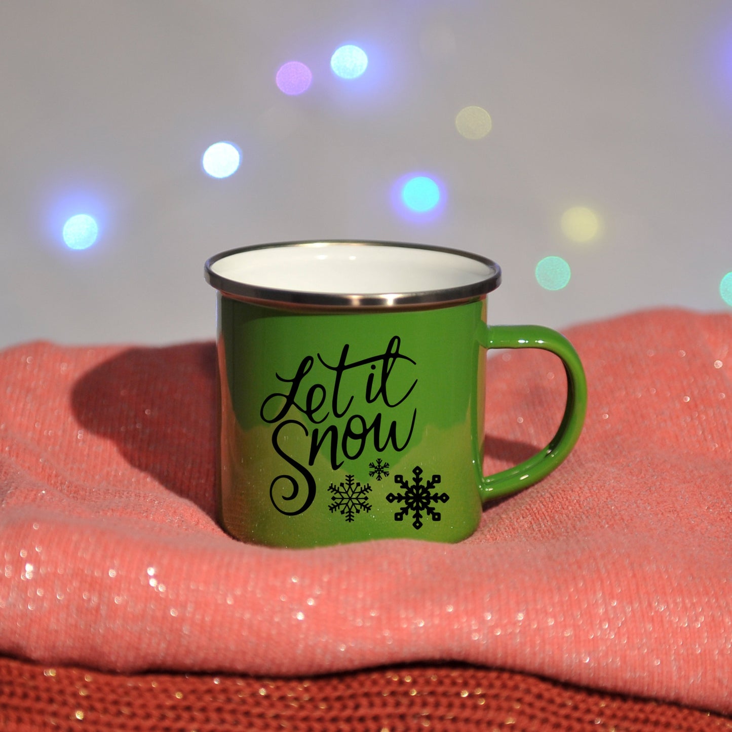 Cană metalică emailată cu text - Let it snow!
