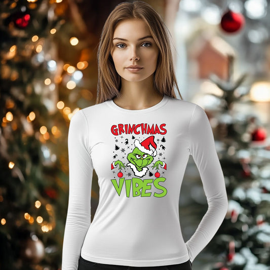 Tricou cu maneca lunga personalizat dama, Crăciun - Grinchmas Vibes