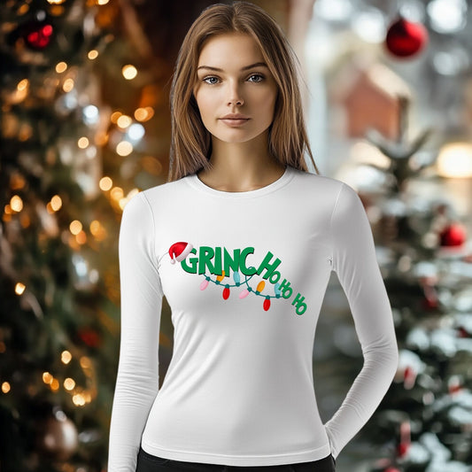 Tricou cu maneca lunga personalizat dama, Crăciun - Grinch HO HO