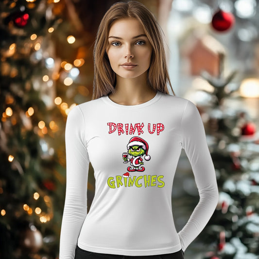 Tricou cu maneca lunga personalizat dama, Crăciun - Drink Up Grinches