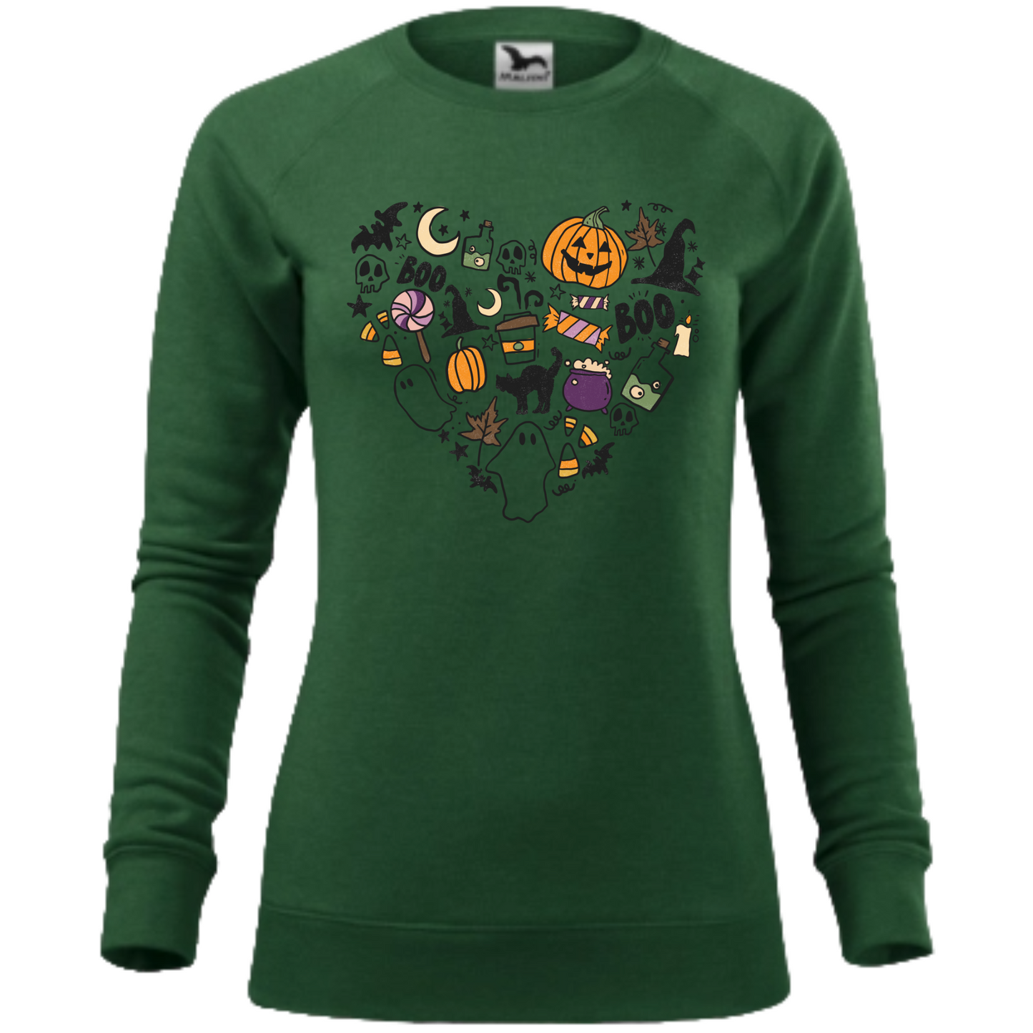 Bluza de Halloween cu o inimă creată din simboluri tematice, incluzând dovleci, lilieci și păianjeni.