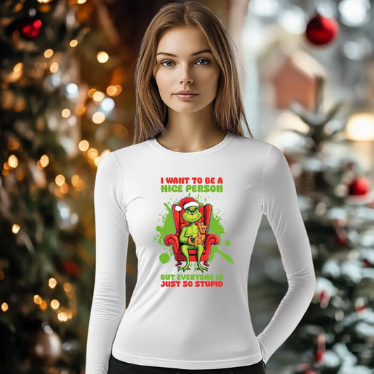 Tricou cu maneca lunga personalizat dama, Crăciun - Nice Grinch