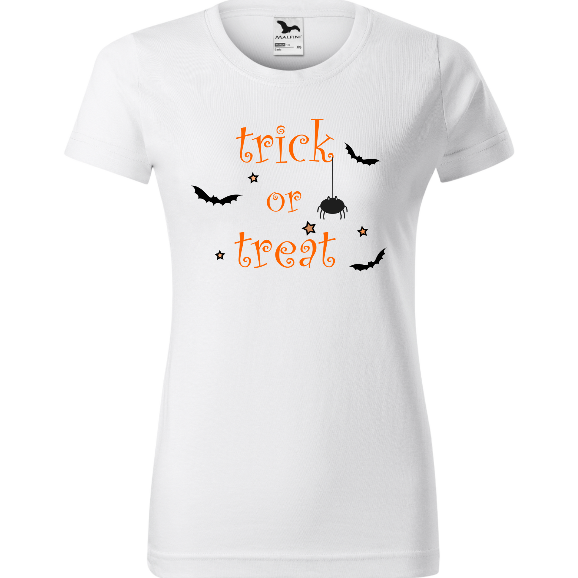 Tricou de Halloween cu textul 'Trick or Treat' înconjurat de paienjeni și lilieci desenați