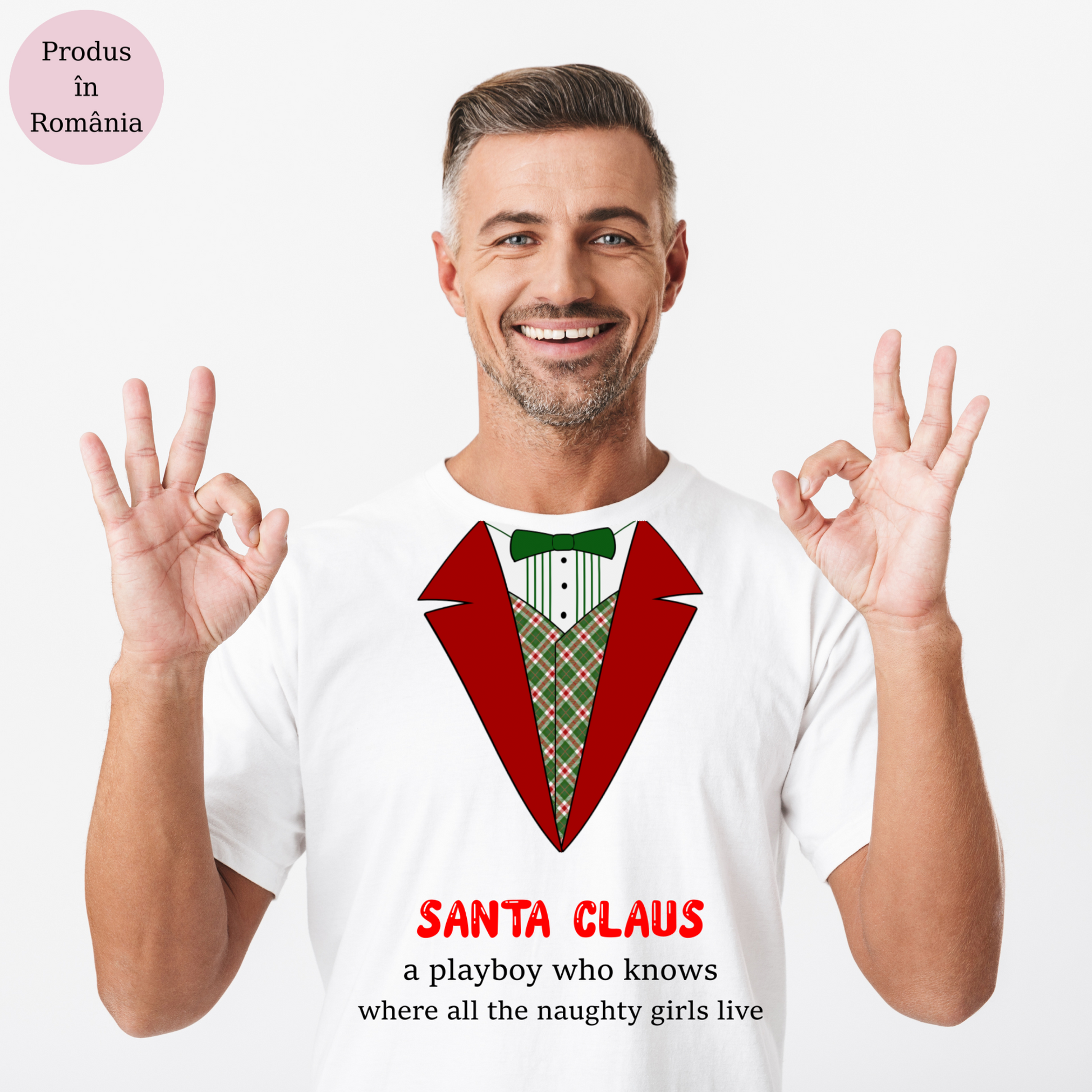 Tricou personalizat Craciun cu mesajul Santa Claus, a Playboy Who Knows Where All the Naughty Girls Live